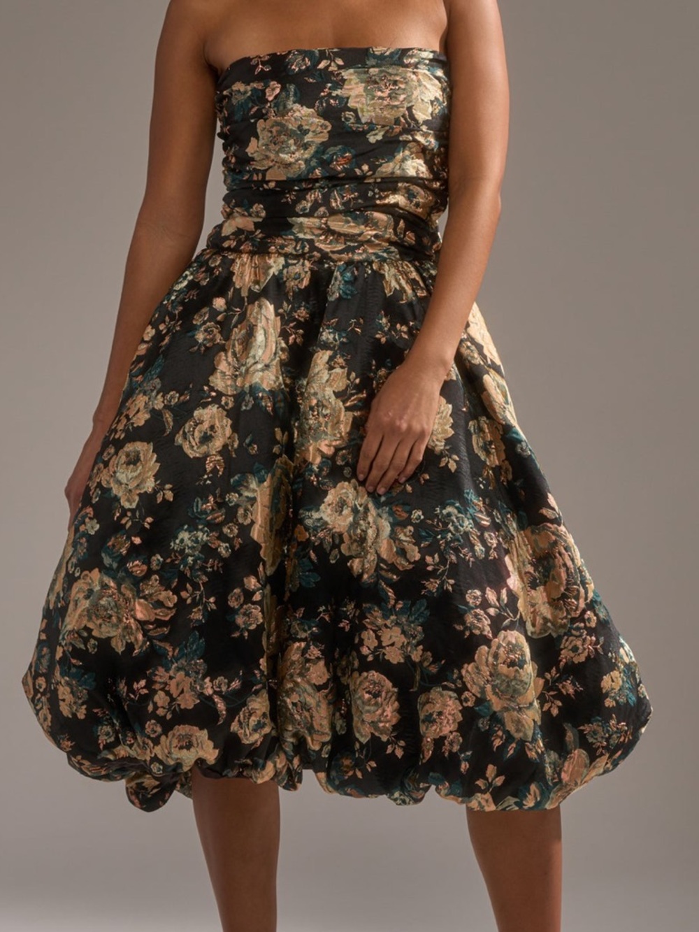 Akira Strapless Brocade Dress 1X NWT Floral Metallic Bubble Hem Party Dress